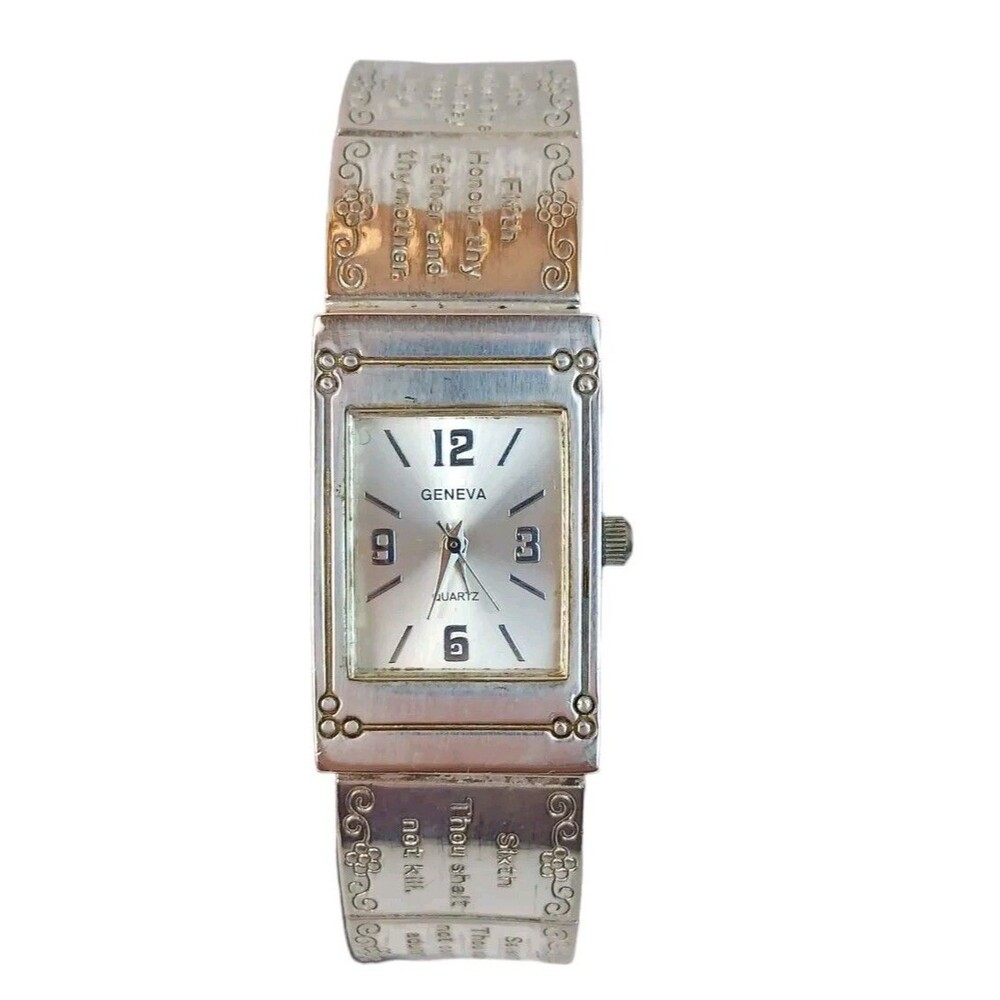 Geneva Ten Commandments New Silver Cuff Bracelet Ladies Watch Sz. 6 1/2"